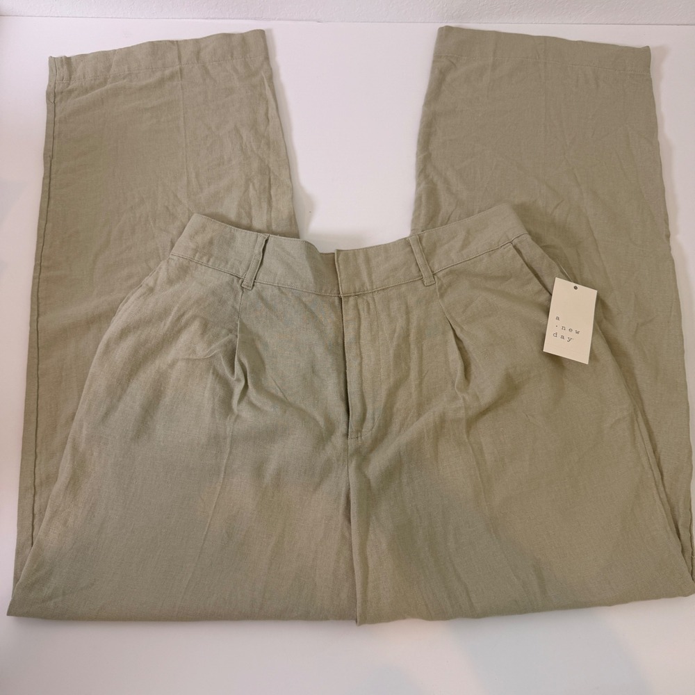 A New Day Olive Green Linen Blend Wide Leg Pleated Trousers Pants Size 10 NWT